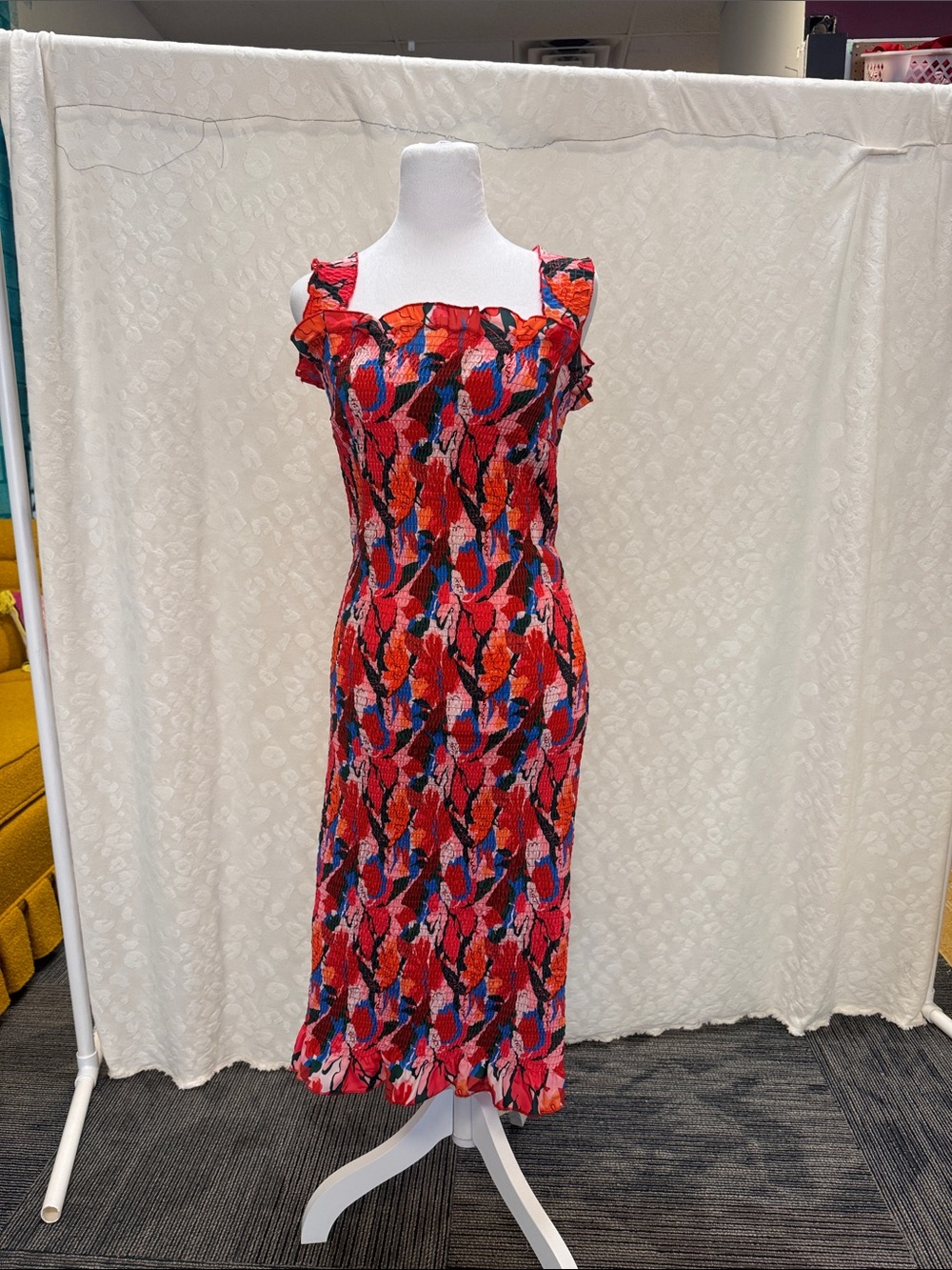 Women’s Red Floral Ruffle Midi Dress